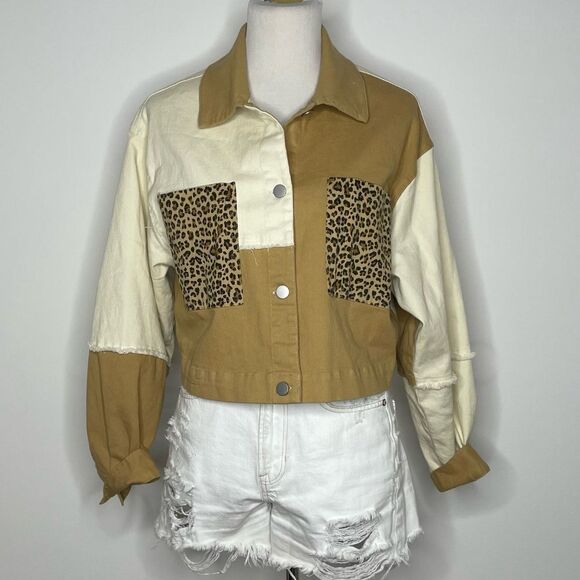 Baevely- Tan & White Cropped Jacket with Cheetah Print Pockets - Picture 1 of 4